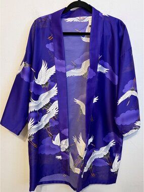 Vintage Maruky Kyoto Tokyo JAPAN Kimono Robe Purple Storks Bird  Short 35" Long